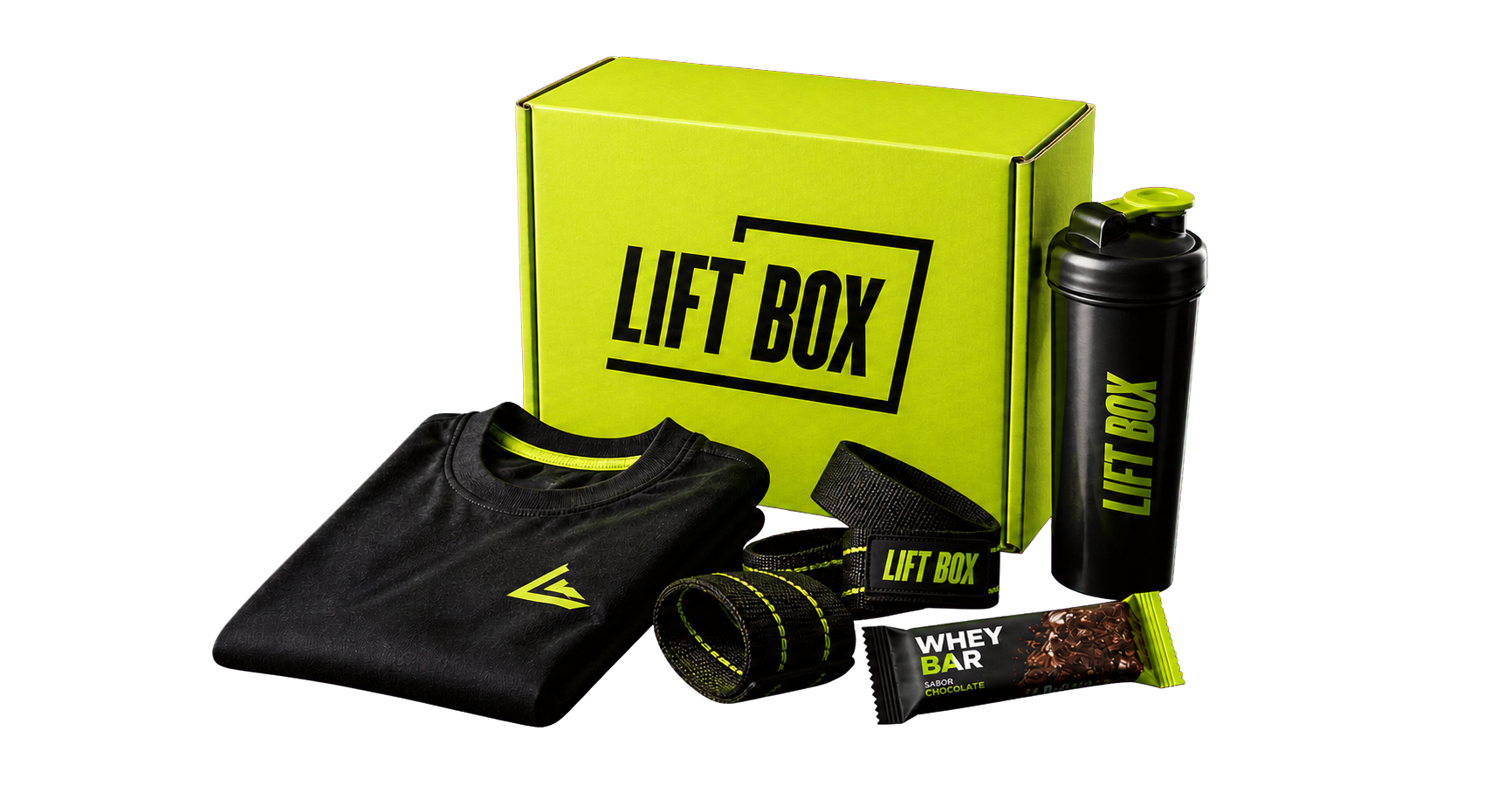 Lift Box with athletic T-shirt, lifting straps, shaker bottle and protein snack