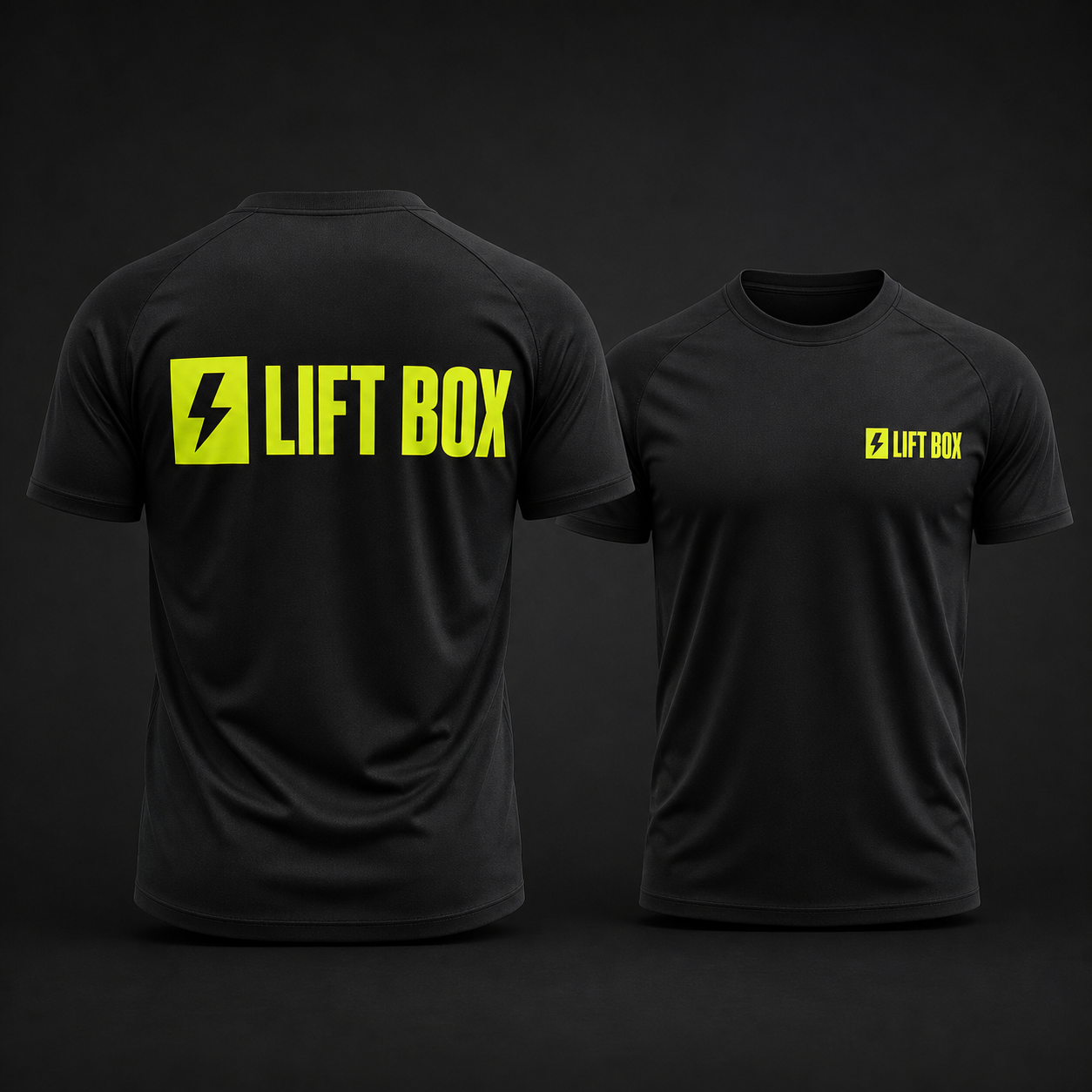 Black Lift Box performance T-shirt shown from the back with a large logo and from the front with a small chest logo